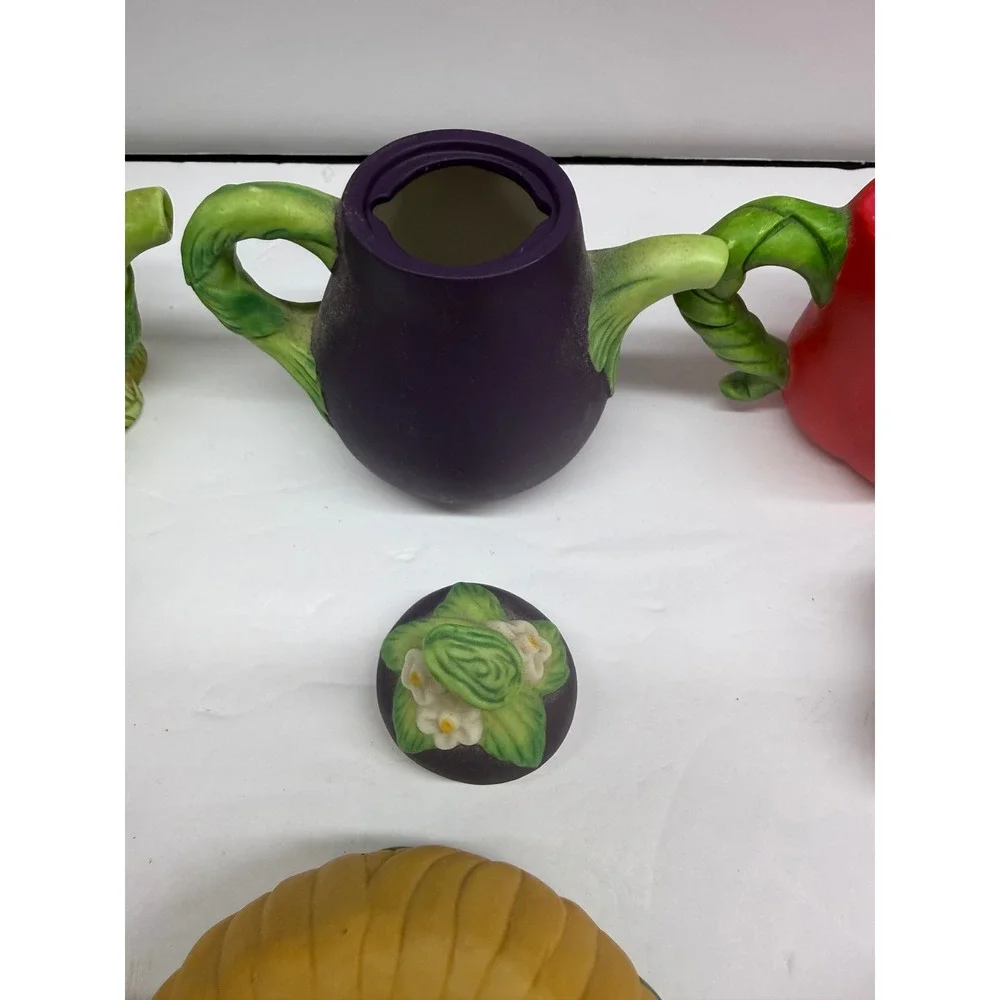 Miniature Ceramic Teapot Set of 6 Vegetable and Flower Garden Collectibles